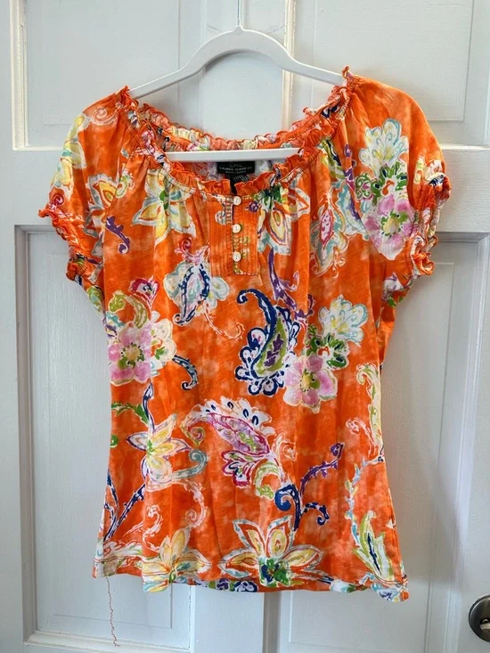 Lauren Ralph Lauren LRL Orange Floral Paisley Peasant Top Size S - Picture 2 of 5